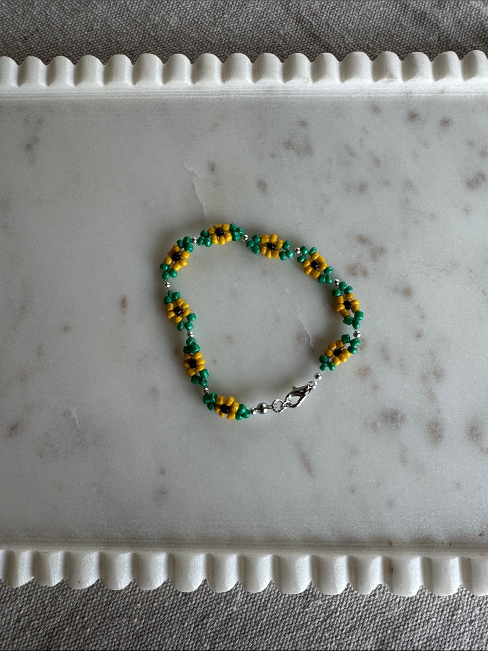 Handmade Green and Yellow Beaded Flower Bracelet